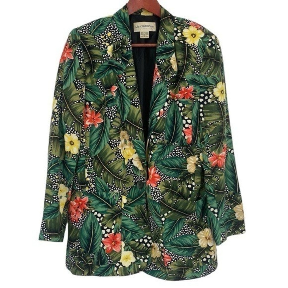 Vintage Liz‎ Claiborne Blazer Jacket Women Size 8 Green Orange Floral Tropical